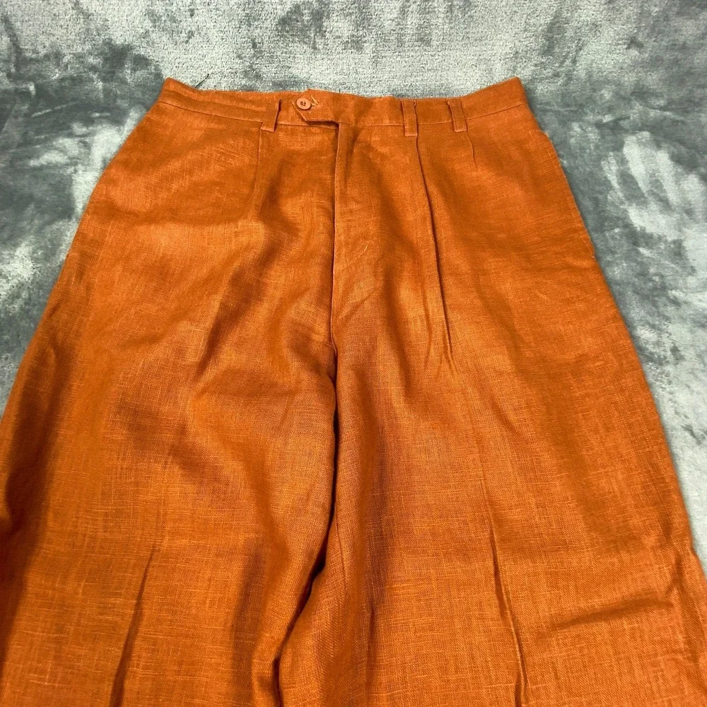 Mens 100% Linen Pants Sz 32x31 Wide Leg High Waist Straight Trouser Burnt Orange